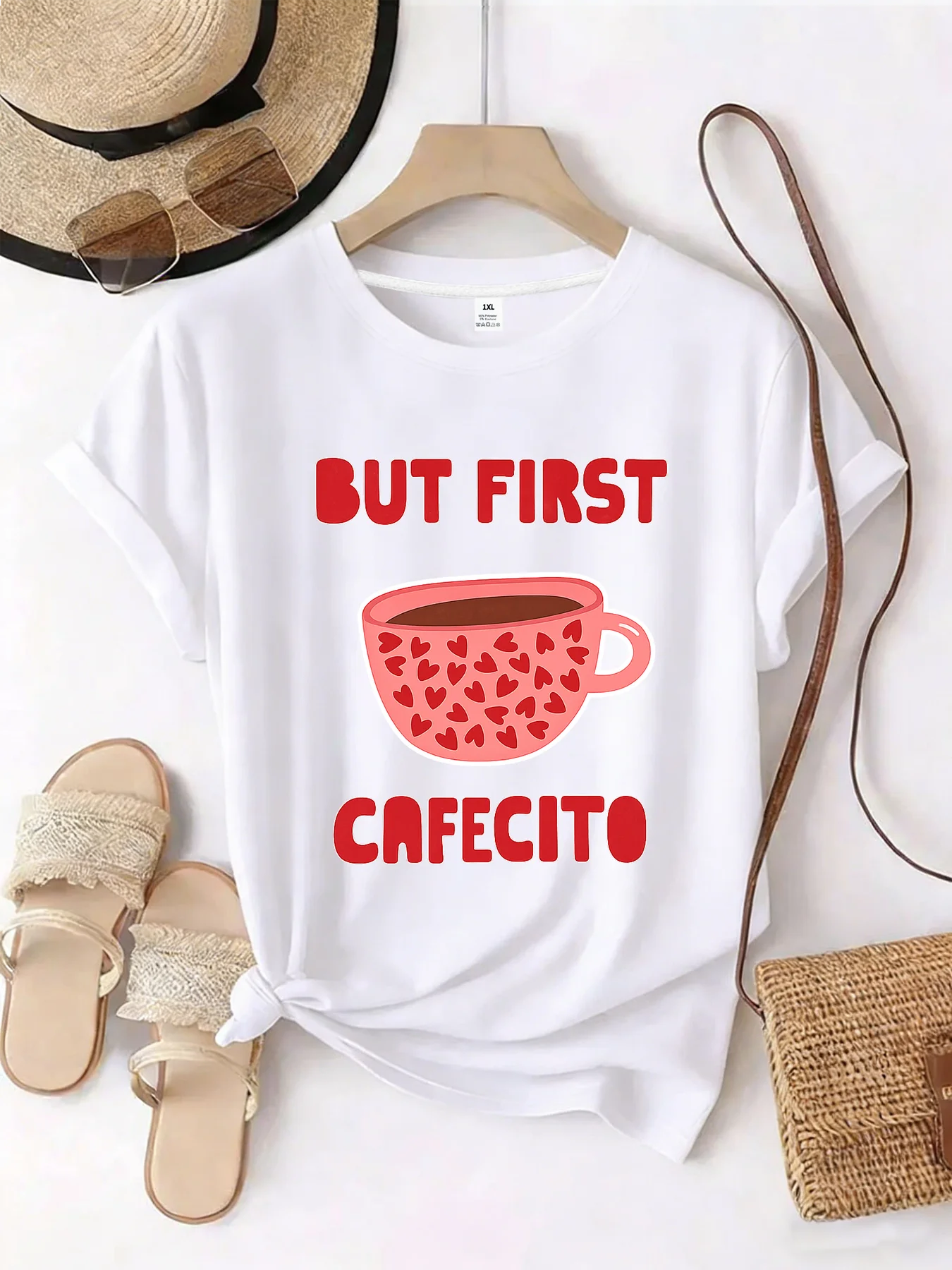 

【WZM101510】Coffee print plus size women's round neck summer casual short sleeved street fashion versatile plus size T-shirt