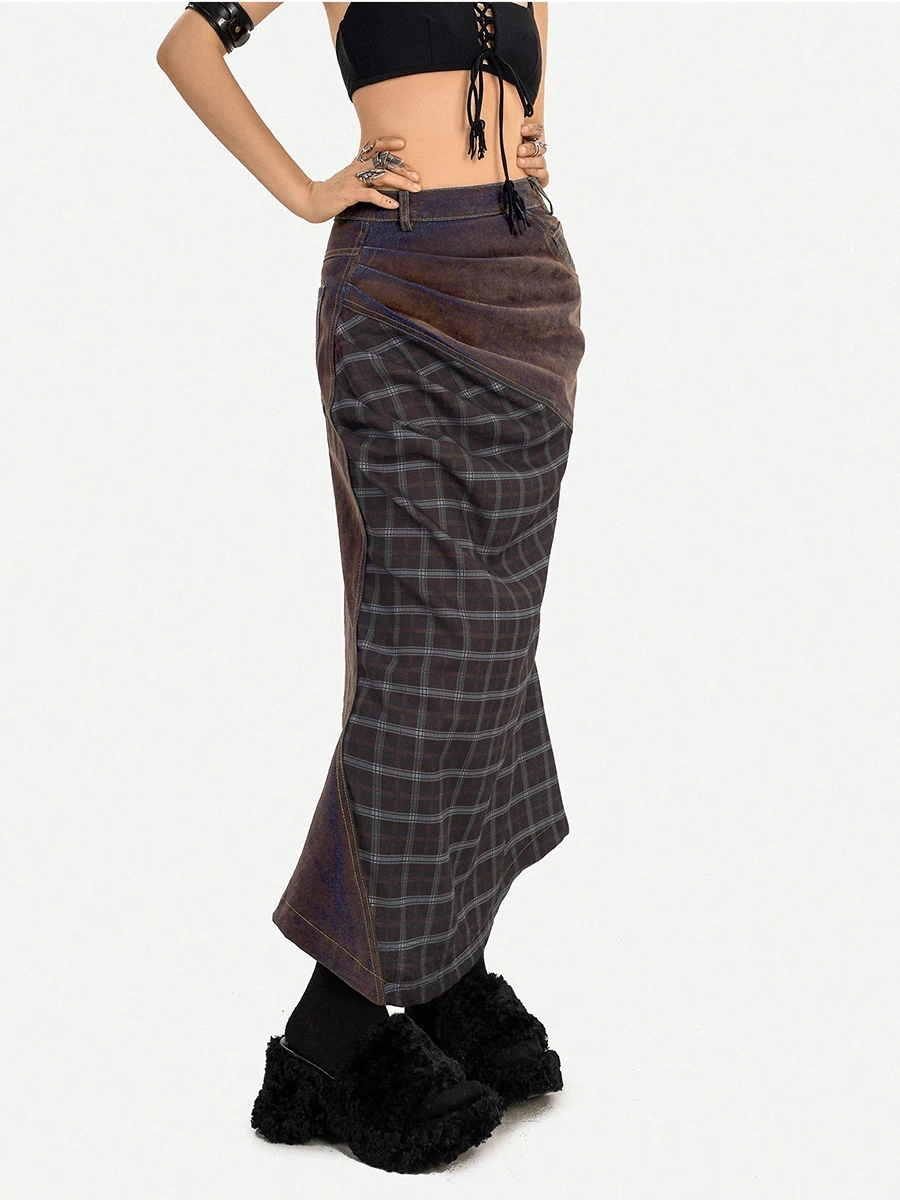 تنورة نسائية من REDDACHiC منقوشة من قماش الدنيم ذات ثنيات عالية الارتفاع حورية البحر تنورة طويلة Gyaru Y2k ملابس خروج عتيقة