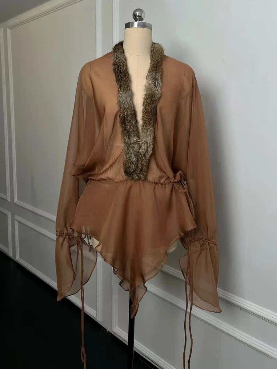 TWOTWINSTYLE Loose Sheer Spliced Fur Collar Sexy Dresses for Women V Nedck Long Sleeves Tunic Patchwork Ruffles Dress Female New