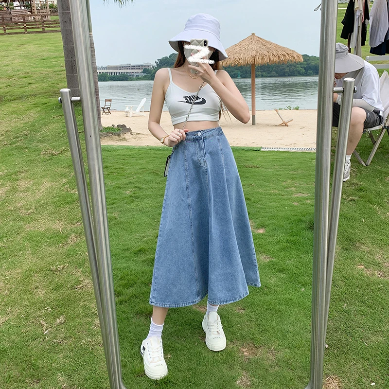 

Женская джинсовая юбка миди с высокой талией, А-силуэт, в корейском стиле Y2K, весна-лето, плиссированная, стройнящая, классический фасон, драпированная, для женщин