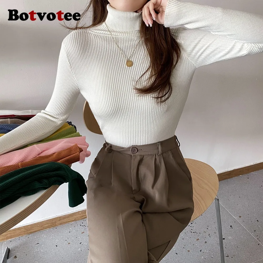 Botvotee Basic Mock Neck prążkowane swetry dla kobiet śliczne seksowne dzianiny jesienno-zimowy ciepły dopasowany modny sweter pulowerowy