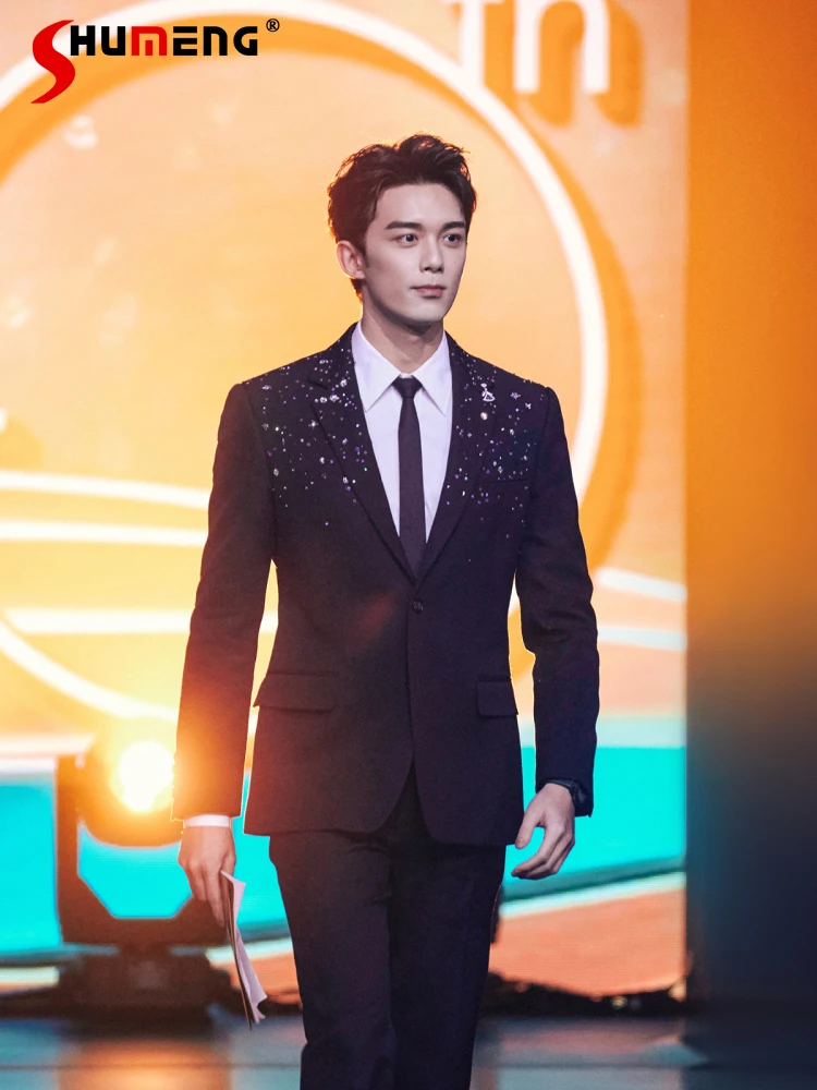 

Fashion Blazers Men's 2025 Spring Autumn New Handmade Gem-set Slim-fitting Tops Versatile Handsome High-end Trendy Suit Jackets