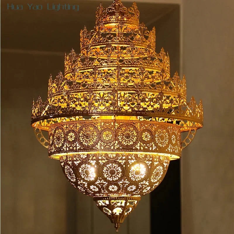 Saudi Arabia Classical Flame Pendant Light LED Zen Art Gold Lustre Hollow Carved Moroccan Lamp Hotel Buddha Hall Loft Restaurant