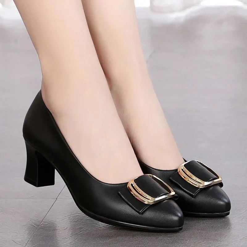 Zapatos Zama Women Cute Black Pu Leather High Quality Square Heel Shoes Lady Beige Office Spring & Autumn Cute Shoes E9643