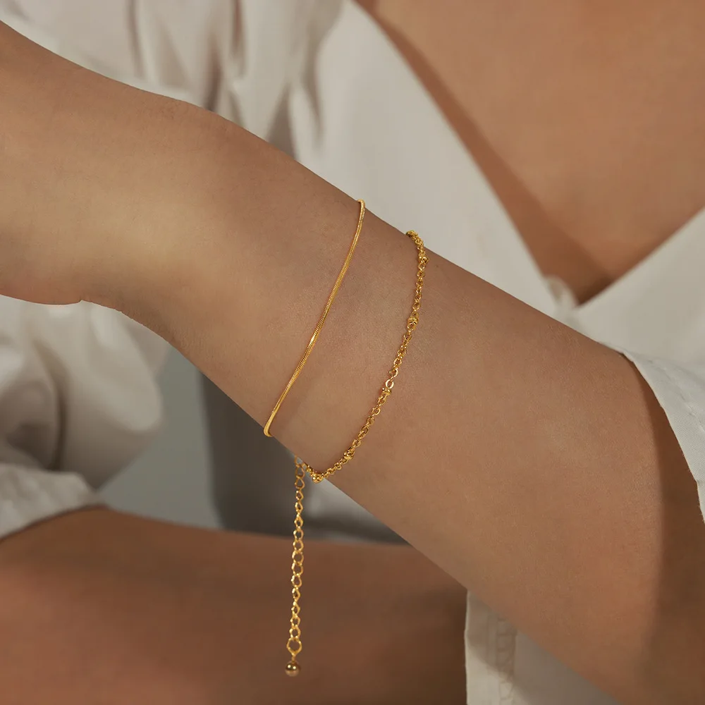 

CARLIDANA Friendship 18K Gold Plated Stainless Steel Jewelry Gold Skinny Chain bracelet Double Layer Bracelets Birthday Gift