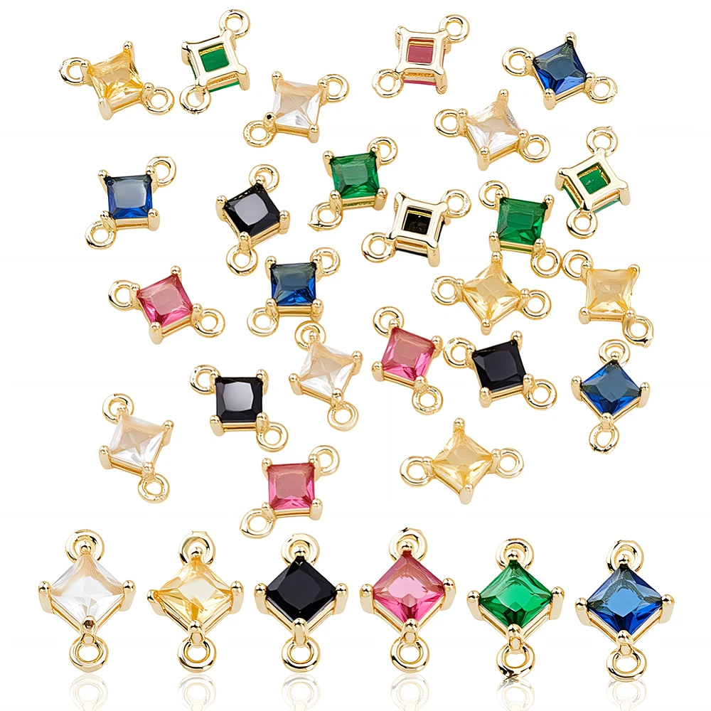 24pcs 6 Colors Square Birthstone Charms Rhinestone Gemstones Pendants Double Loop Cubic Zirconia Connectors for Jewelry Making
