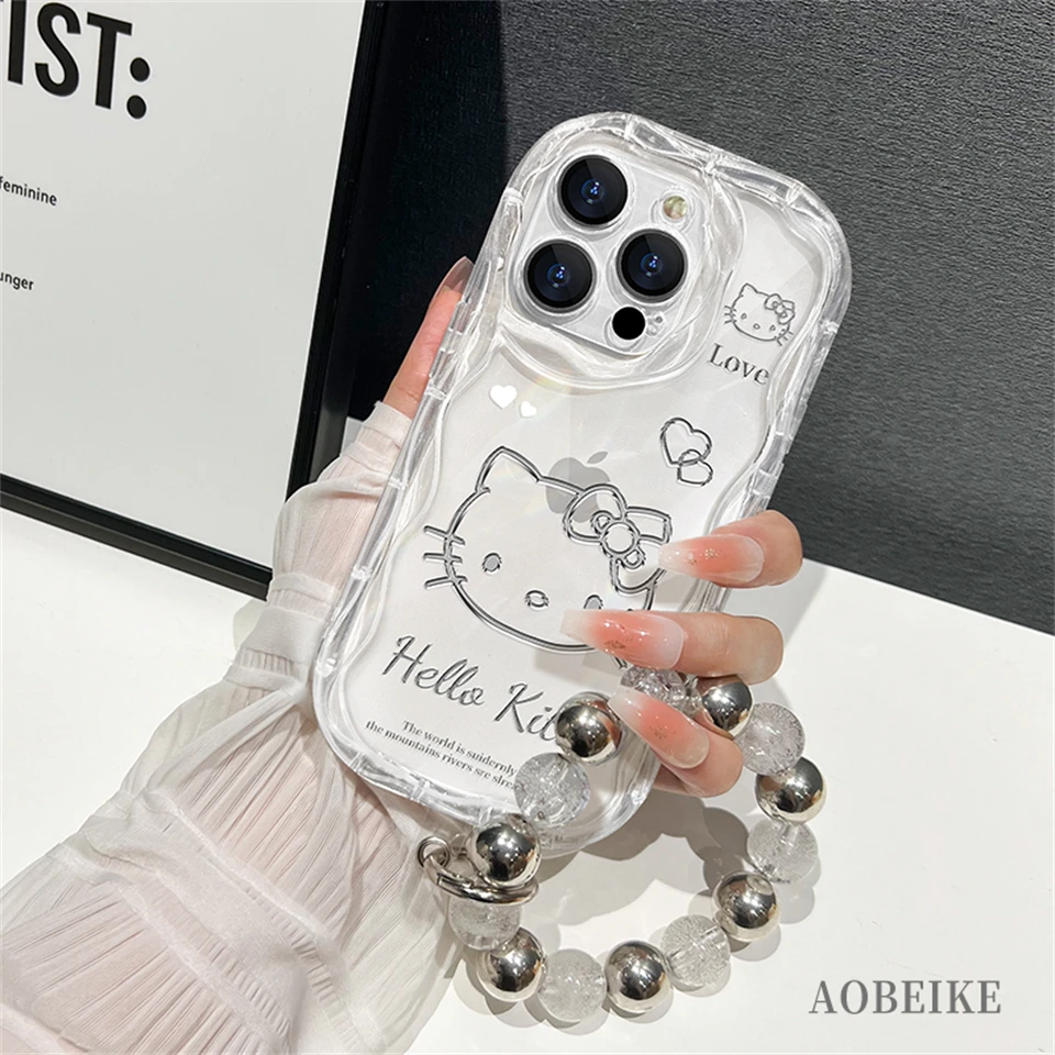 Sanrio Hello Kitty Chain Transparent Cases For iPhone 16 15 14 13 12 11ProMax Mini Plus XR XS protection Liquid Silica Gel Cover