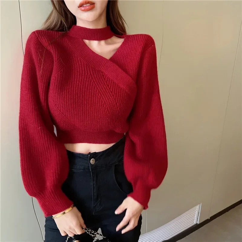 Neckline Sexy Atmosphere Sense Sweater Women Autumn Winter 2024 New Solid Color Careful Machine Hollowed-out Clavicle Knit Top