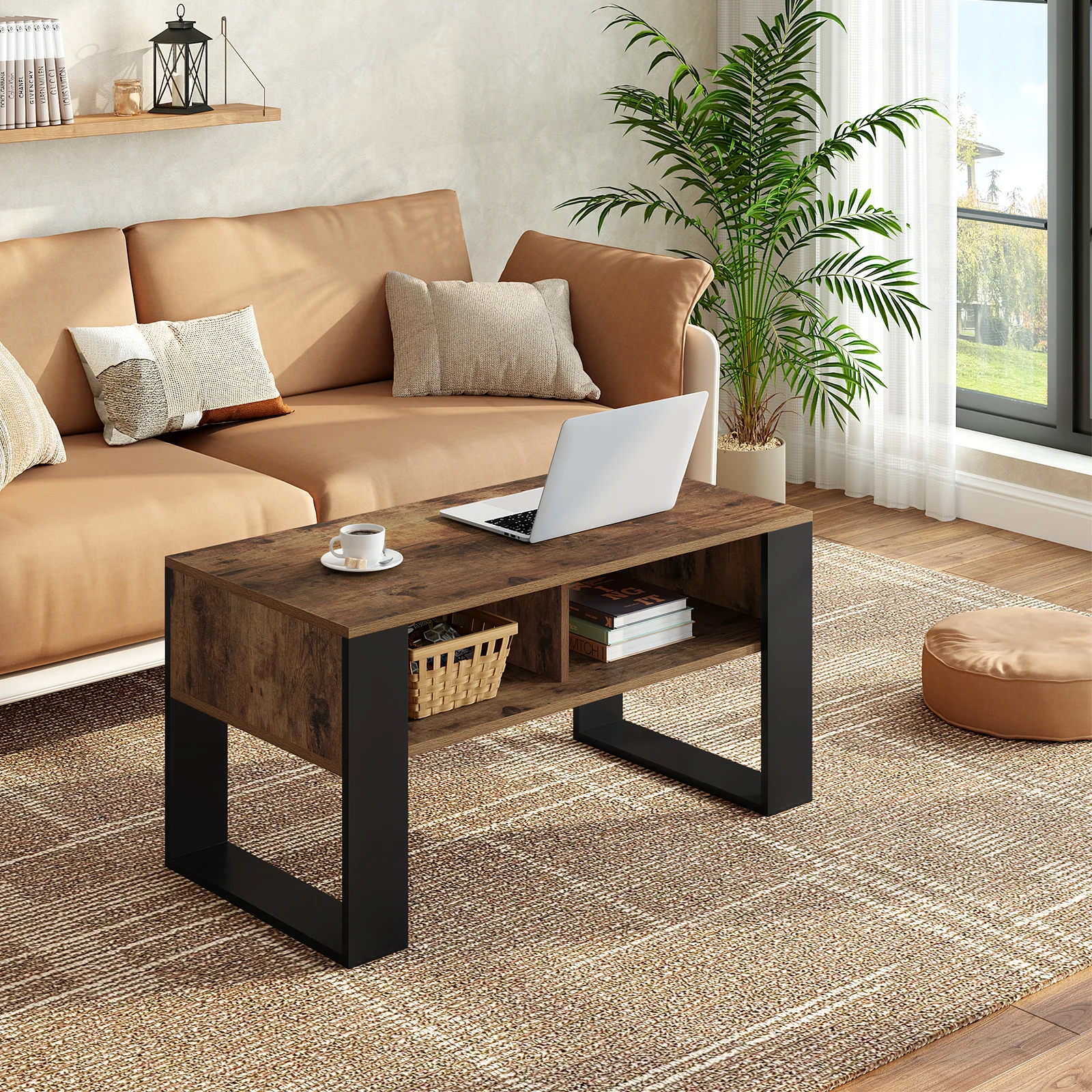 WOLTU Tee- und Kaffeetisch mit Stauraum, 2 offene Fächer, Vintage-Sofatisch im industriellen Stil, Beistelltisch für Wohnzimmer, Schlafzimmer