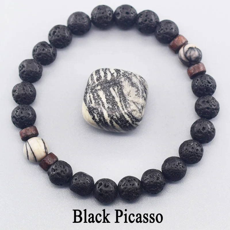 Natural Black Picasso Beads Stone Bracelet Men Volcanic Lava Stimulate the Circulation of Blood Wristband Jewelry Gift for Lover