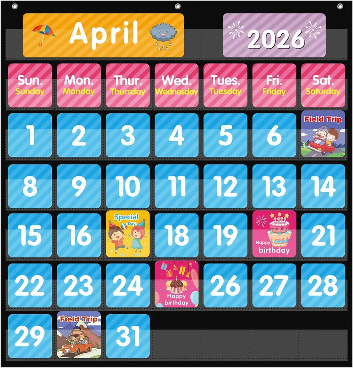 Large 44 Pockets Calendar Pocket Chart for Classroom with 85 Cards, Size:25” X 24” Monthly Calendar and Weather Black Pocket Chart for Students Learning for Home or School
