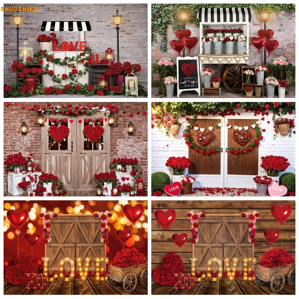 

Valentine's Day Photography Backdrop Romantic Balloon Red Rose Love Wood Board Glitter Proposal Wedding Background Photo Studio