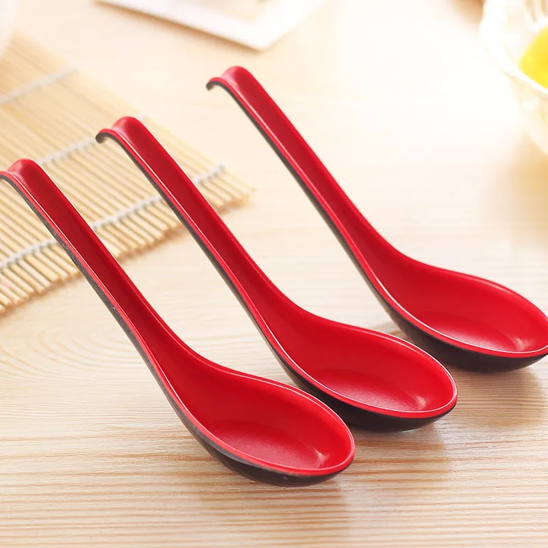 2pcs Japanese Style Melamine Red Black Soup Spoon Long Handle Simulated Ceramic Ramen Spoon Drop-resistant Heat-resistant