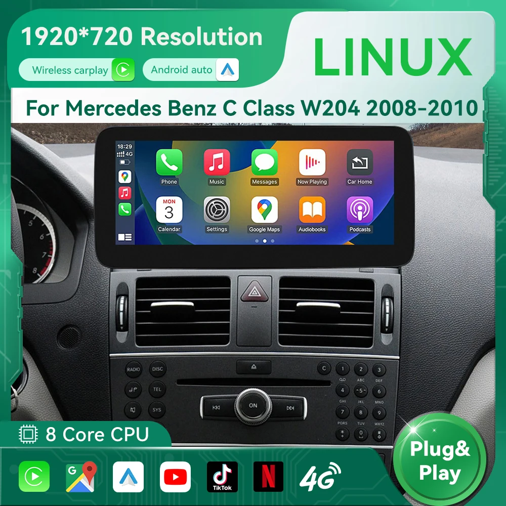 10.25 Inch Android Auto Wireless Carplay Linux System Car Multimedia Touch Screen Radio For Mercedes Benz C Class W204 2008-2010