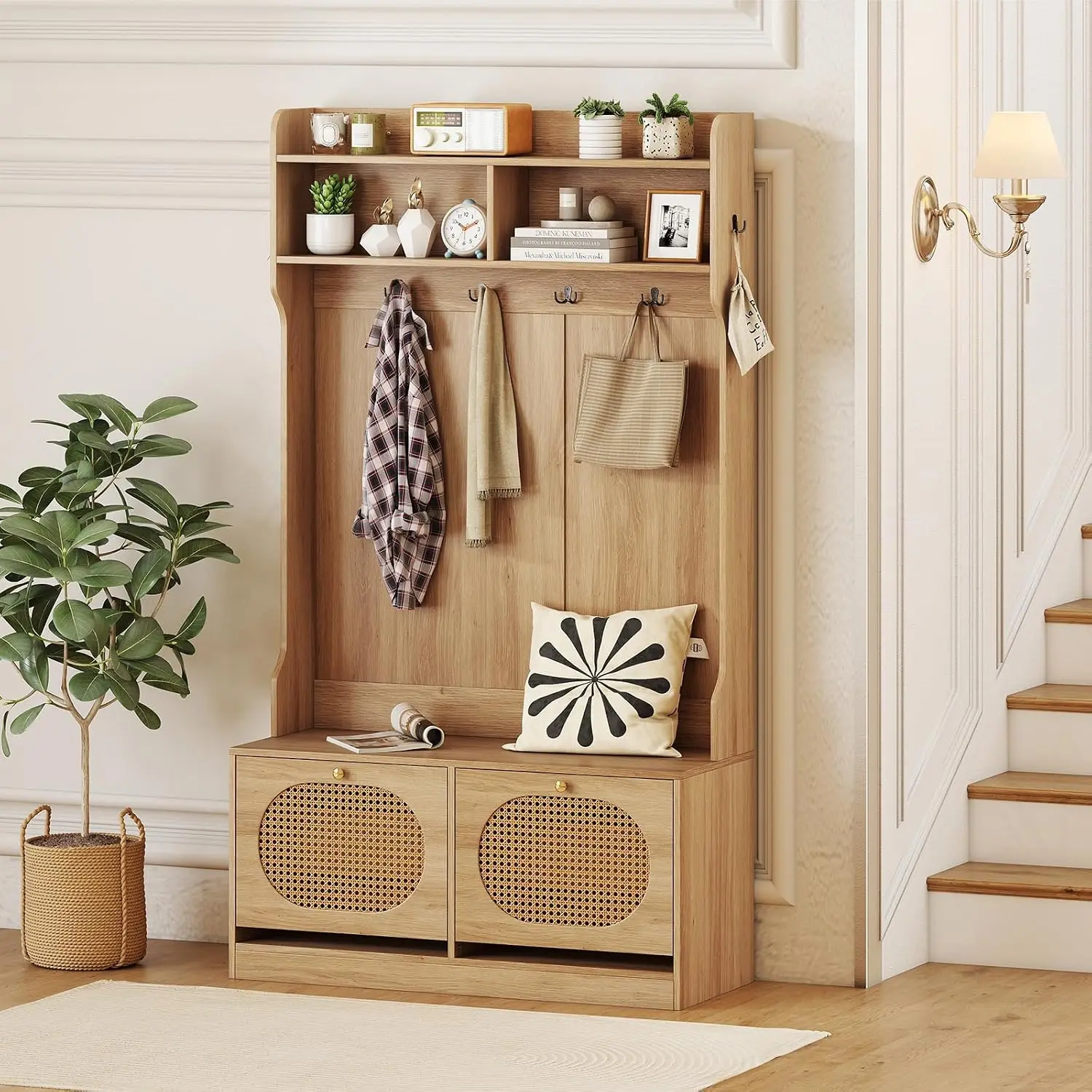 4-In-1 Hall Tree with Bench and Shoe Storage, Entryway Bench with Coat Rack & Flip Shoe Racks, Dual-Hook Hangers & PE Rattan