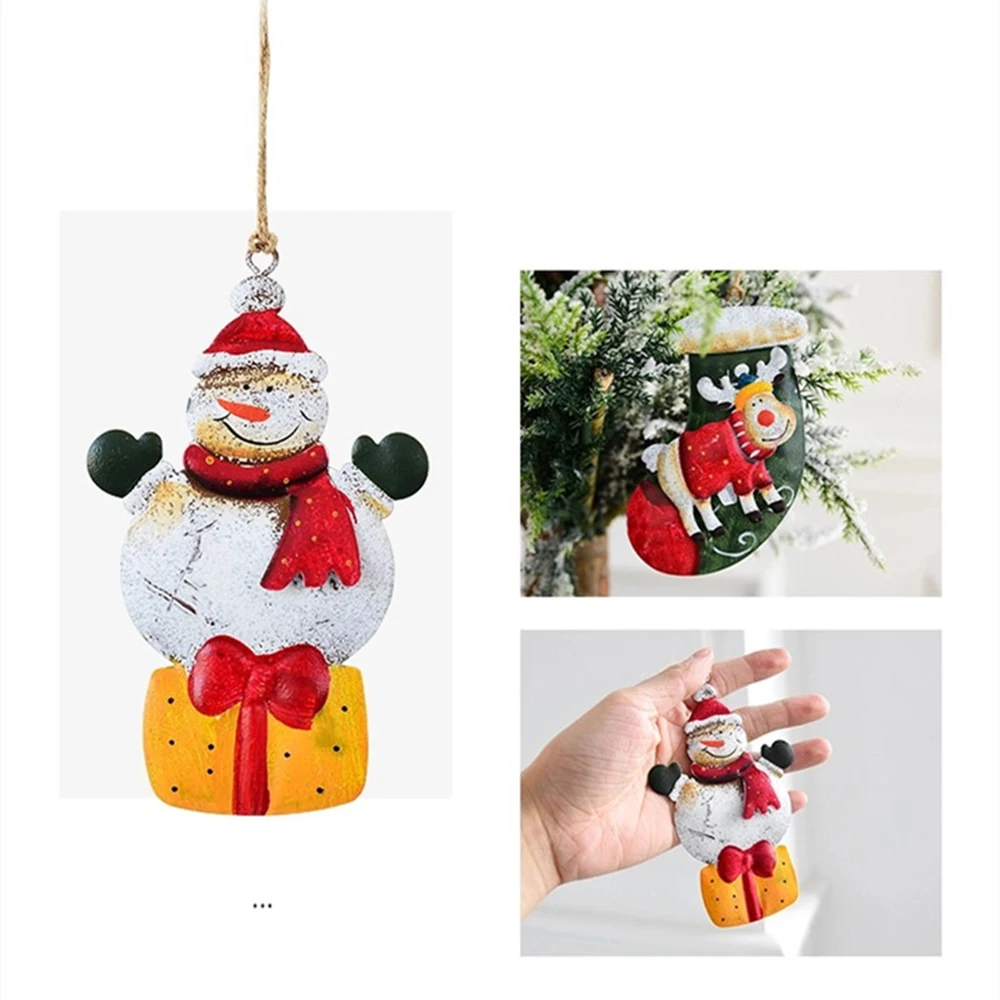 Metal Painted Home Decor Santa Clause Deer Xmas Tree Embellishment Drop Ornaments Stocking Snowman Christmas Hanging Pendants