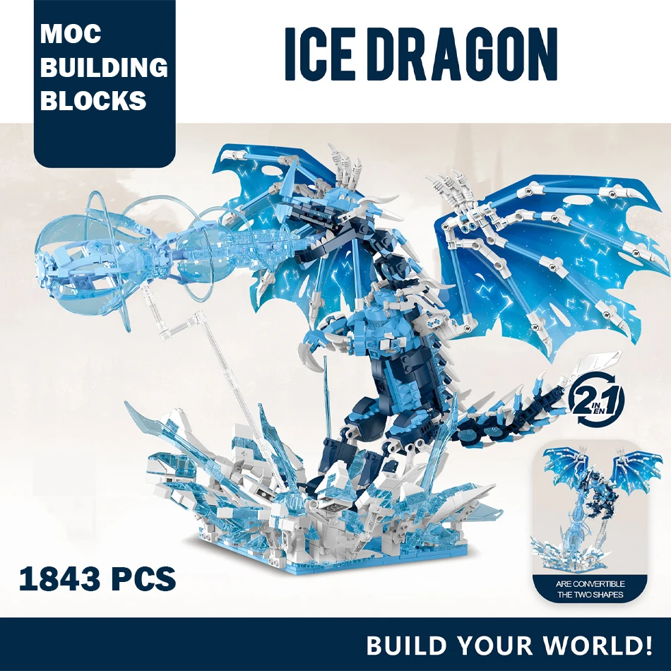 1843Pcs 2 IN 1 MOC Ice Drogon Model Building Blocks Set Lighting Ideas Middle-earth Drogon Bricks Toys for Kids Christmas Gifts