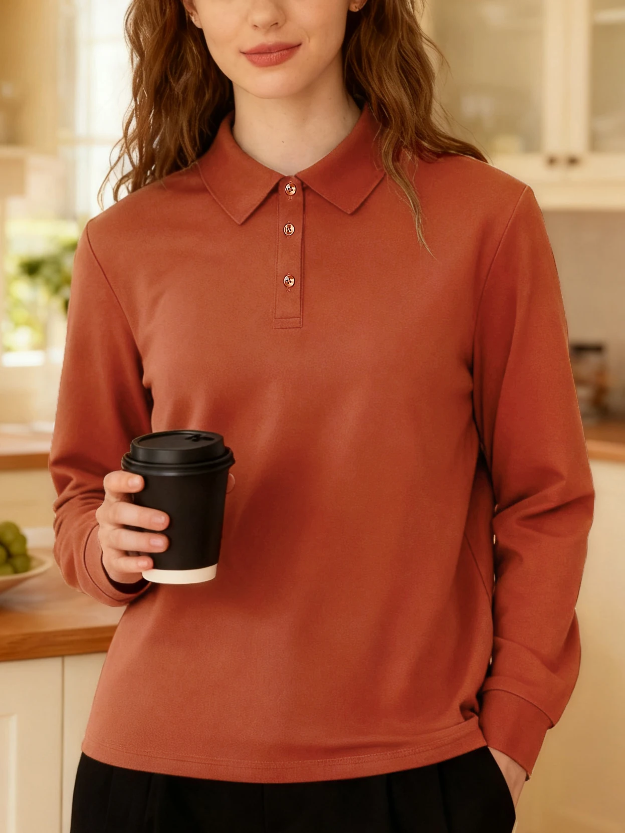 Woman Casual Autumn Polo Shirts Commute Basics T-Shirts Comfy Button Shirt Solid Sport Tops Office Daily Long Sleeved New Tee