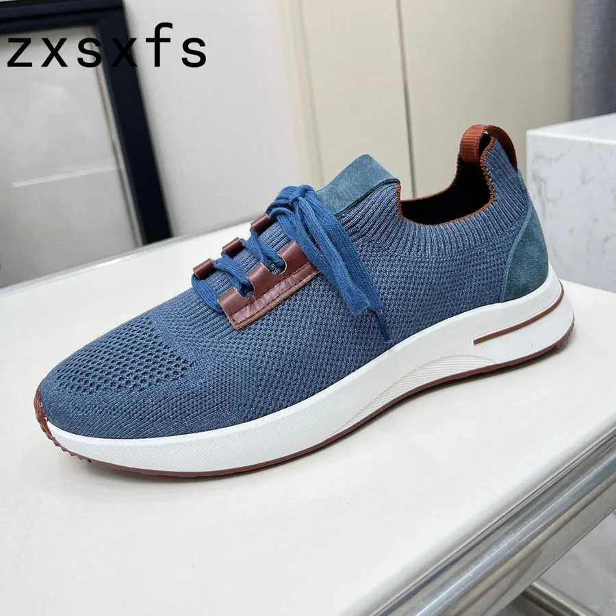 

New High Quality Knitted Flat Sneakers Men Lace Up Male Loafers Breathable Mules Casual Flat Shoes Summer Walk Men Shoes 2022