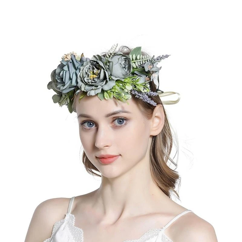 G92D Floral Garland Headpiece Floral Hair Hoop Wedding Hairband Bohemian Flower Crown