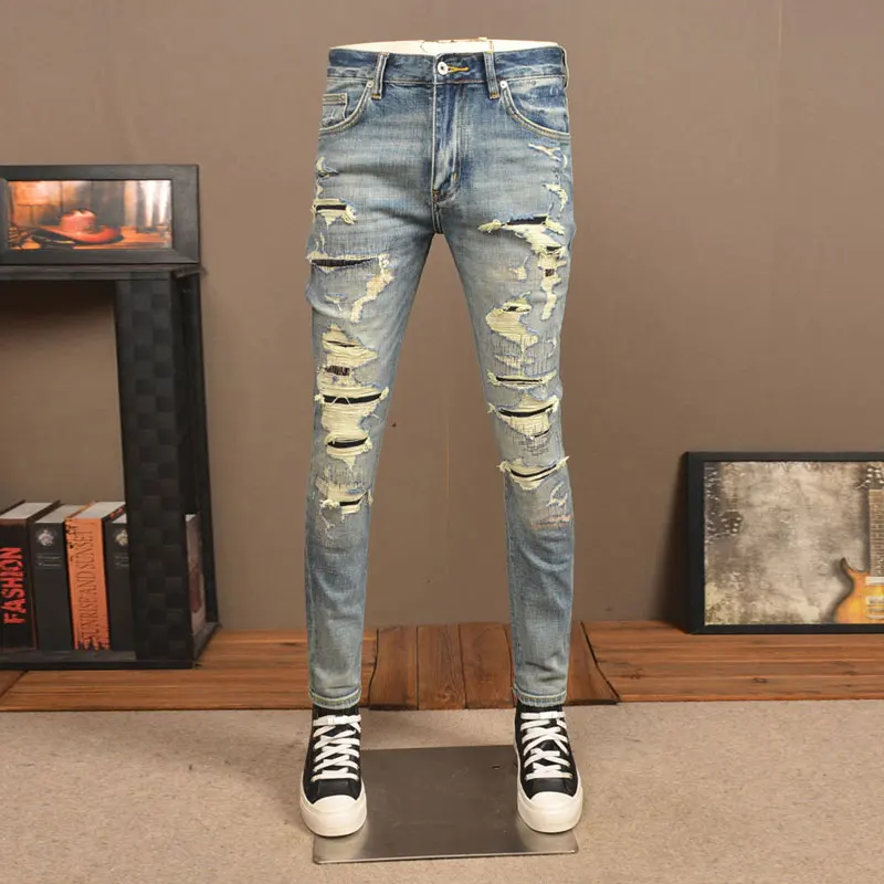 High Street Fashion Men Jeans Retro Washed Blue Stretch Slim Fit Ripped Jeans Men Vintage Designer Denim Pants Hombre