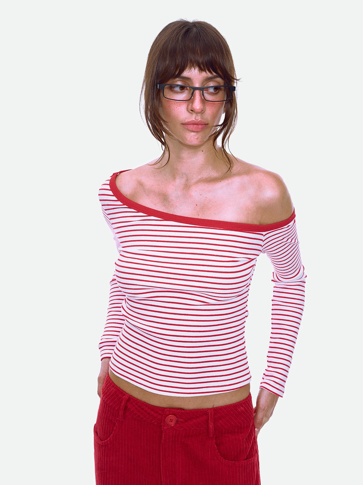 

Retro Striped oulder Bared Long Sve T irt Women's Faionable Casual Cotton Polyester Knitted ort Length Top