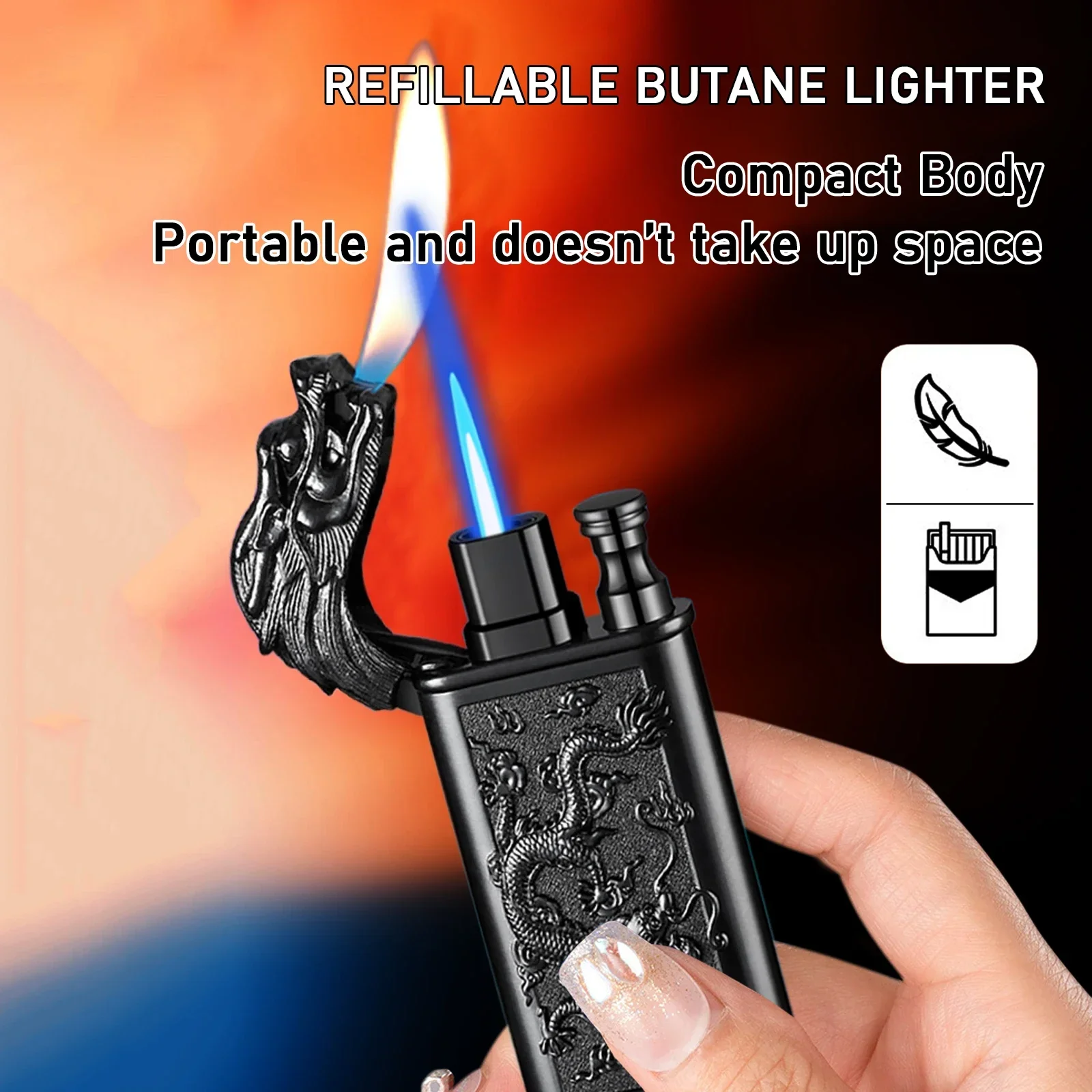 Windproof 3D Dragon Double Flame Lighter Metal Double Flame Conversion Jet Inflatable Portable Lighter Trendy Men\'s Gift