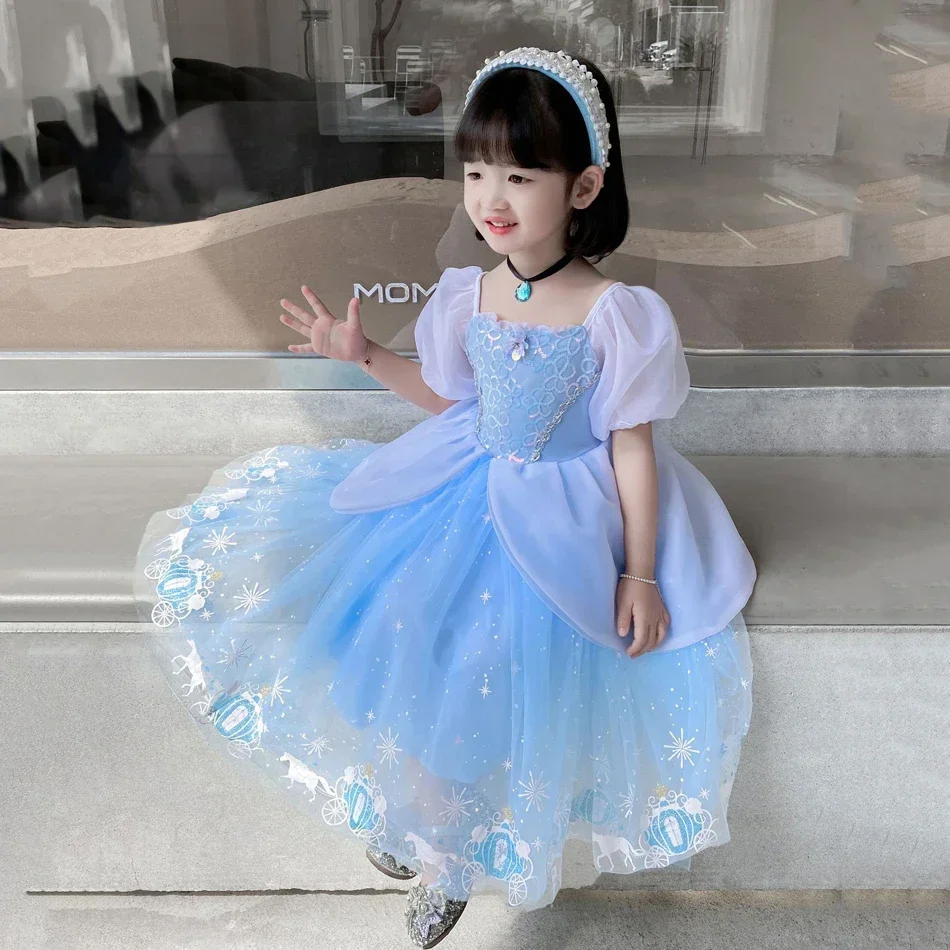 Cinderella Princess Cosplay Dress for Girl Kids Ball Gown Sequin Carnival Puff Sleeve Mesh Clothing for Birthday Party Vestidos