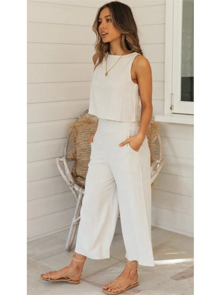 Summer Women\'s Solid Top Shirt 2 Piece Set Fashion O-neck Sleeveless Casual Elegant Sets 2023 New