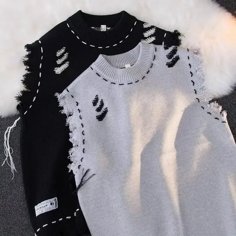 

Осень 2024, новый мужской жилет с бахромой, свитер в американском стиле, уличный Destructive Sense, вязаный топ с круглым вырезом, повседневная сцена