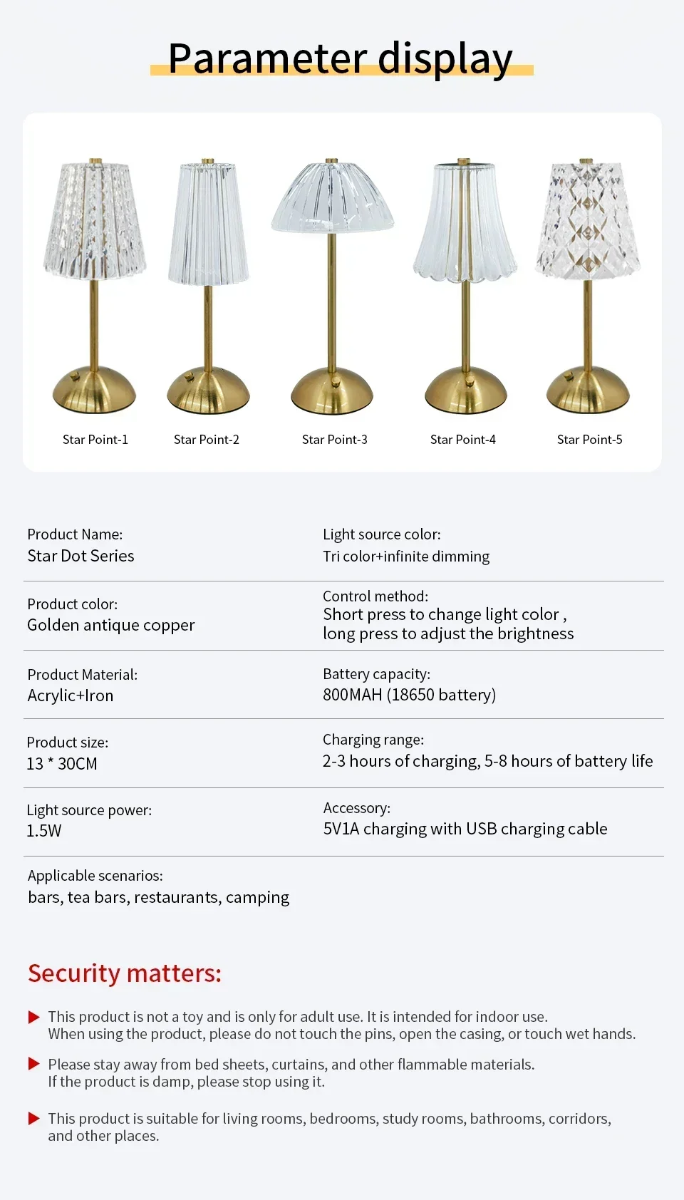 Rechargeable Touch Table Lamp 3 Colors Dimmable Artificial Crystal Lamp Portable Night Light for Bedroom Living Room Restaurant