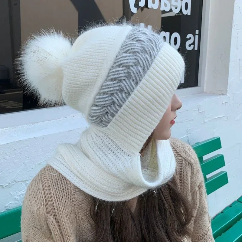 

Women's Winter Hat Casual Thick One-piece Knitted Hat Scarf Fashion Winter Warm Beanie Knitted Hat Hooded Scarves Woman Beanies