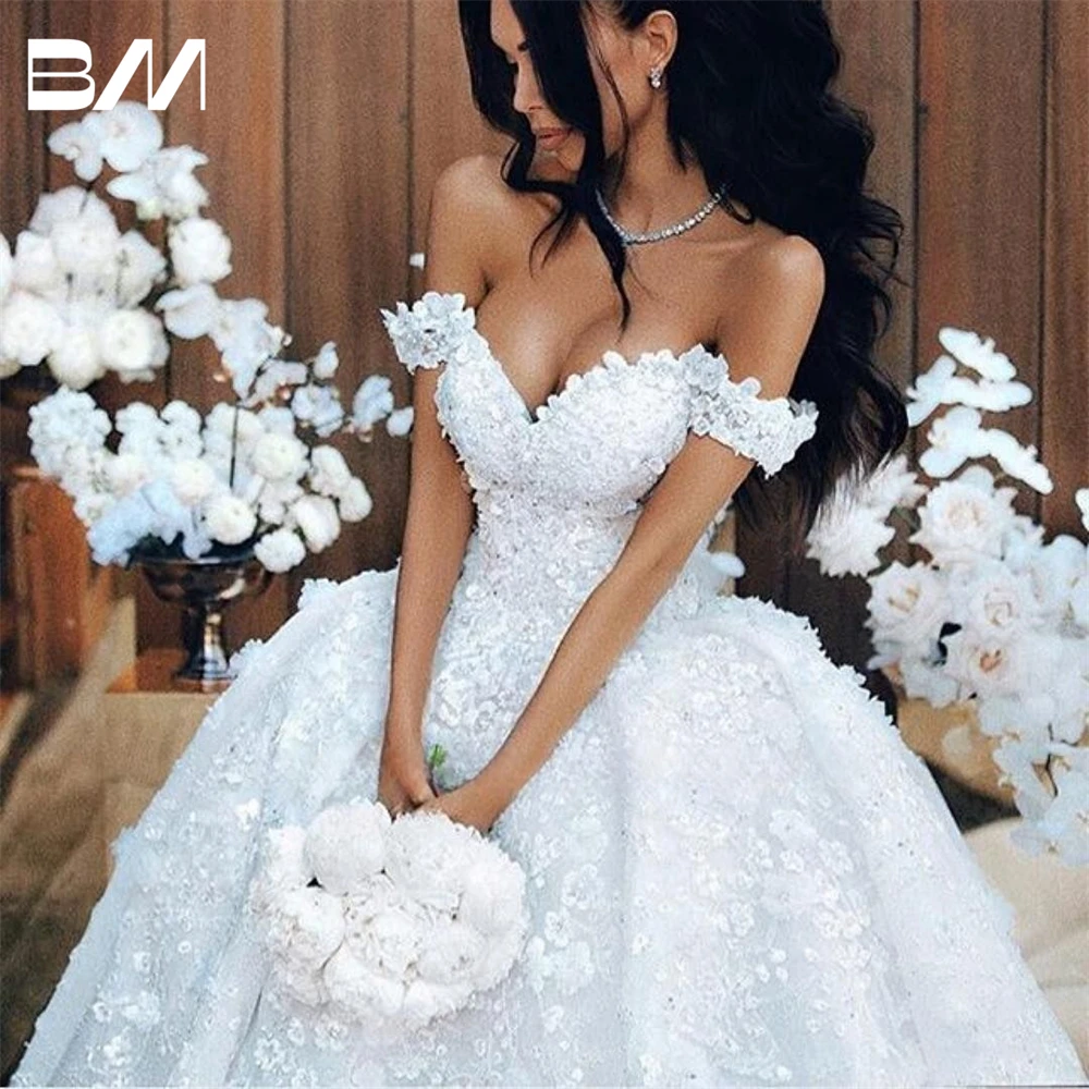 Sweet Floral Lace Bride Dress with Off Shoulder Sleeves Customized Ball Gown Beading Wedding Dresses for Women Long Trail Bridal