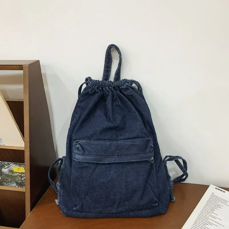 Mochila Washed Drawstring Canvas Bag for Women's Retro Fashion Travel Backpack Unisex Solid Color Denim Backpack