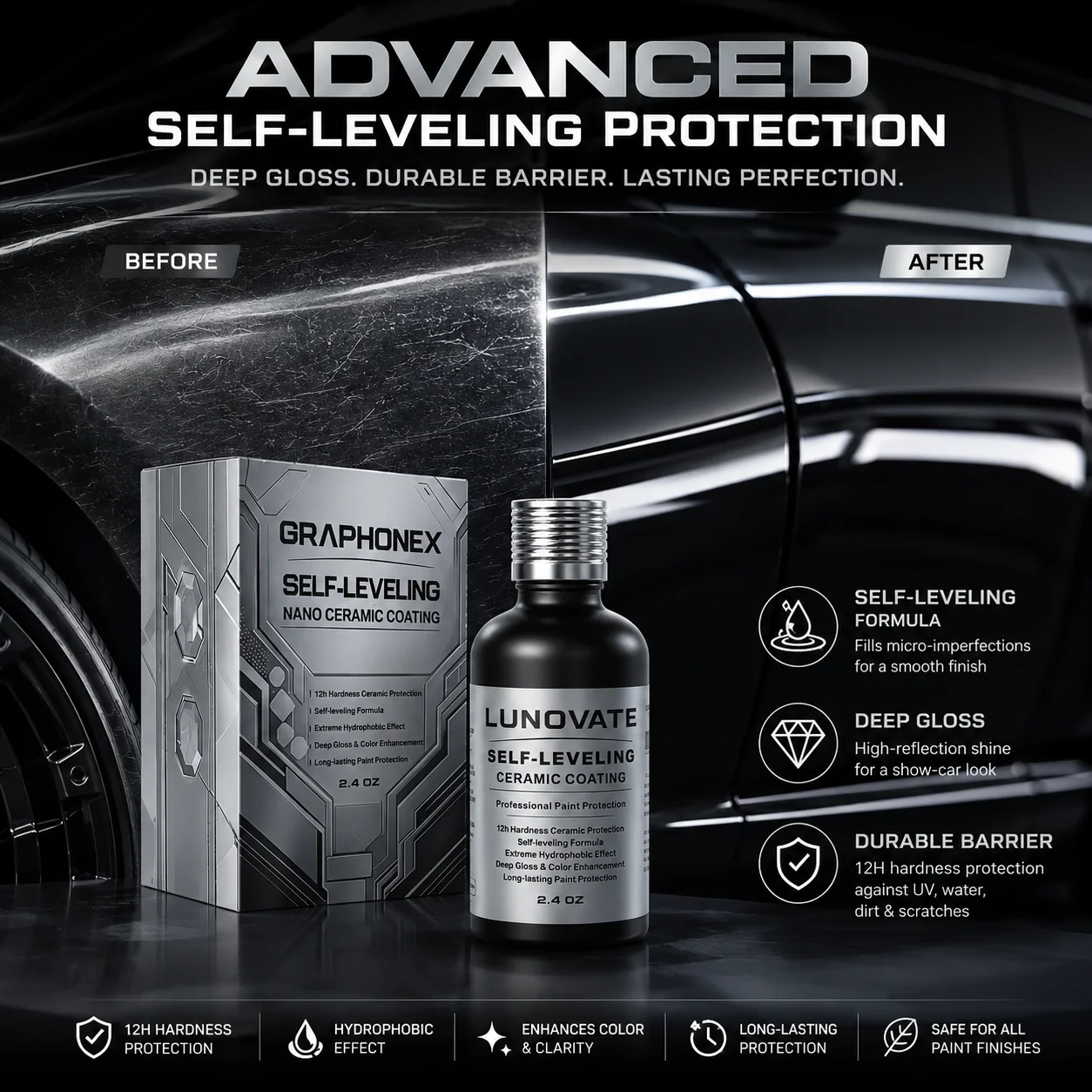 GRAPHONEX 12H Self-Leveling Nano Ceramic Car Coating 60ML Transparent Extreme Hydrophobic Scratch Resistant High Gloss for Cars
