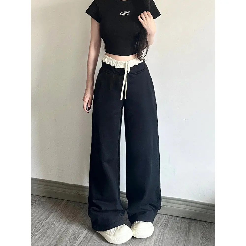 

Vintage Trend Patchwork Wide Leg Pants Women 2024 New Loose All-match Fashion Straight Female Street Casual Pleated Trousers