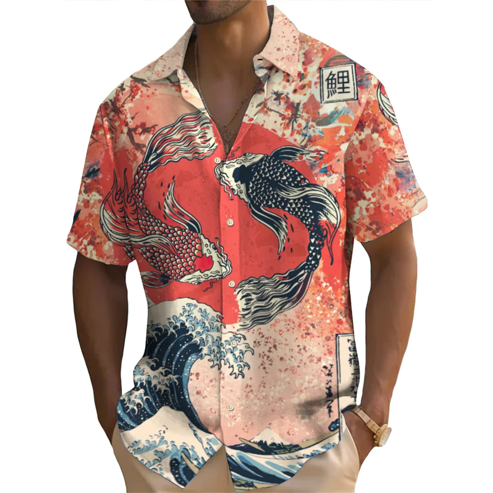 Men\'s Shirt Japanese Ukiyo-E Pattern Shirt Summer Casual Short Sleeved Tops T-Shirt 3d Fish Print Tees Oversized Men\'s Clothing