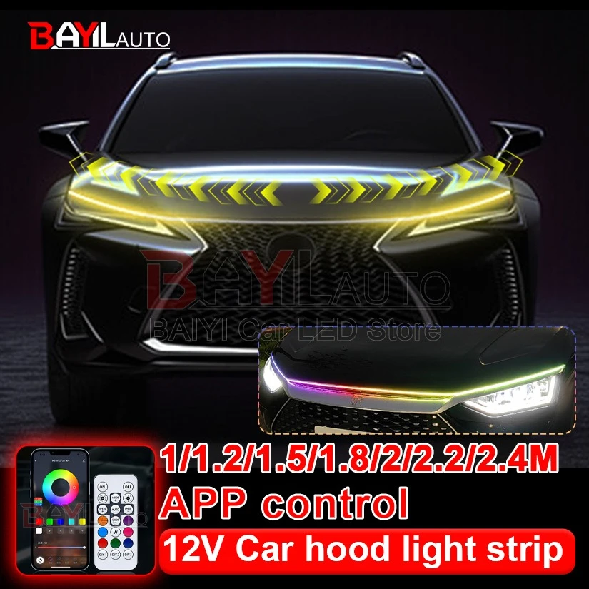 

Автомобильные дневные ходовые огни, динамический сигнальный свет с рулевым управлением, для декора капота автомобиля, управление через приложение, водонепроницаемая светодиодная неоновая полоса RGB