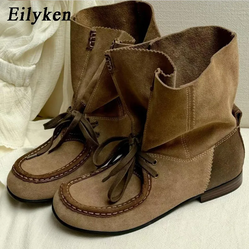 Eilyken Winter Street Style Vintage Pleated Women Ankle Boots Color Blocking Lace Up Round Toe Riding Western Short Boots Mujer