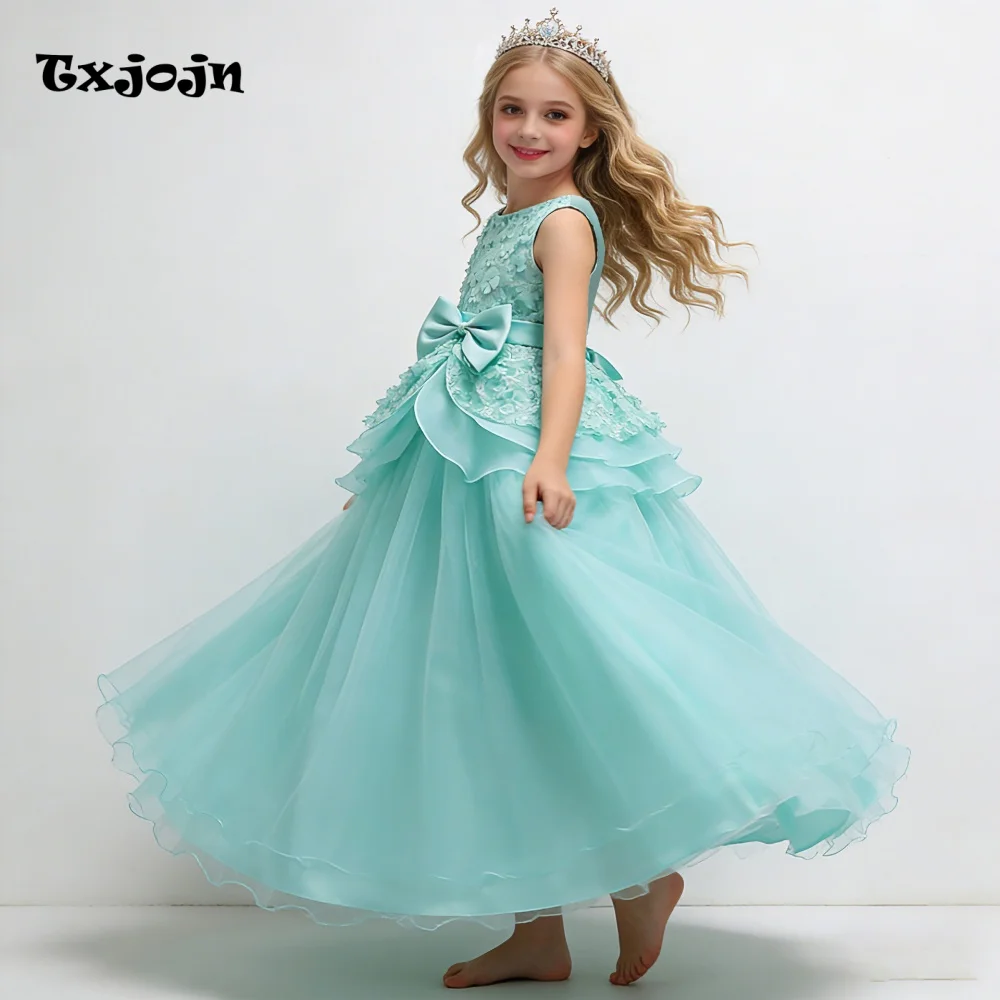 Girl's Dress 3-14 Years Old Girl's Bow Sleeveless Princess Dress Long Mesh Dress Wedding Dress Flower Girl Performance Dress