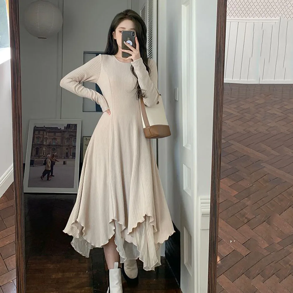 Autumn Winter Knitted Dress For Women Korean Fashion Mesh Patchwork Dresses Woman Elegant Irregular Long Sleeve Elastic Dress