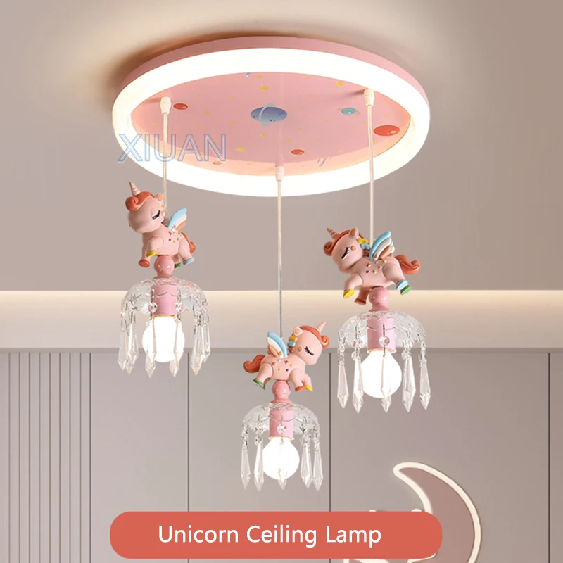 Cartoon Pegasus Lamp Pink Princess Room Ceiling Light Resin Unicorn Astronaut Kids Bedroom Hanging Lamps Baby Girl Children Lamp