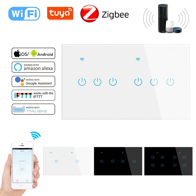 

Tuya 146 Tempered Glass Wifi Smart Home Zigbee Touch Switch App Remote Control Timing Switch Dual 2/4/6/8 Gang Wall Switch