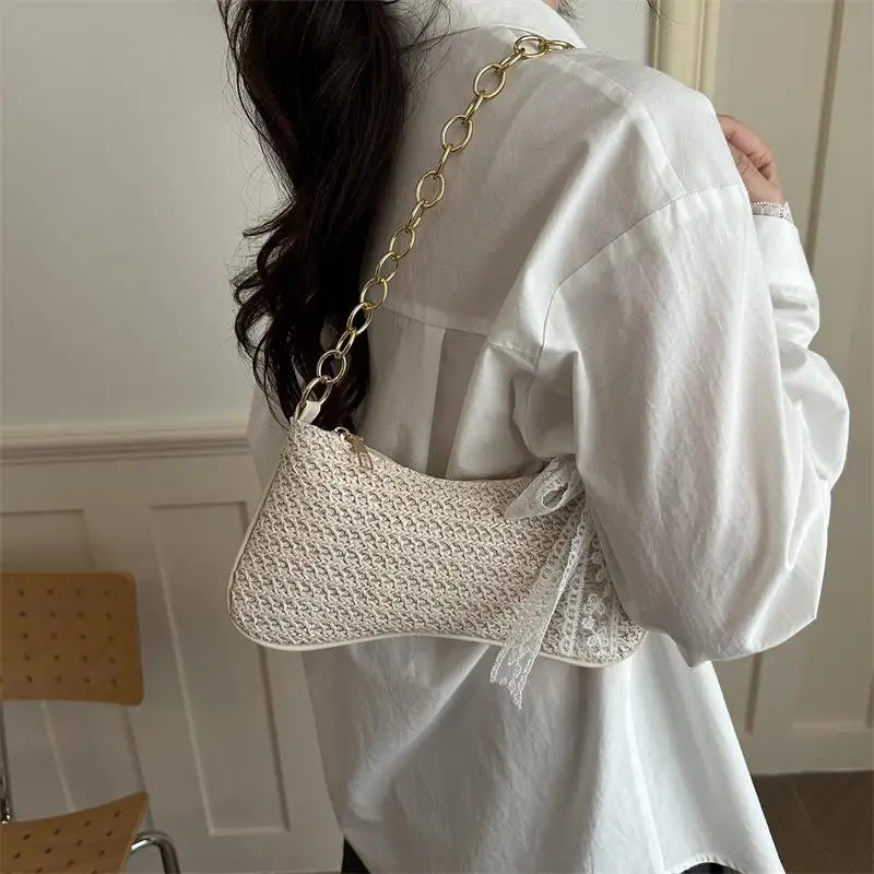 Woven Straw Underarm Bag With Cute Lace Bow And Gold Chain Strap Perfect For Summer Beach Trips Daily Commute Casual Outings