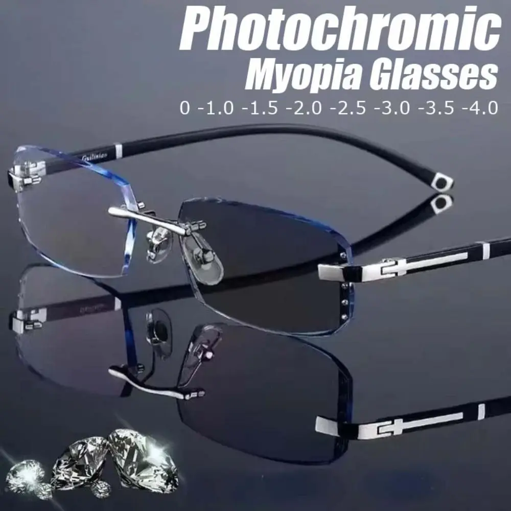 

Rimless Design Photochromic Myopia Glasses UV400 Protection Photochromic Lenses Color Changing Eyeglasses Color Changing