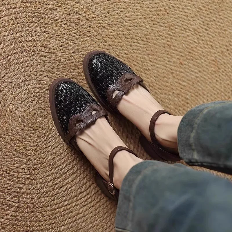 2025 صيف جديد المرأة جلد الغنم مضفر ستوكات المرقعة الصنادل 5 سنتيمتر كعب مكتنز منصة عادية أنثى ميد أحذية بكعب #4