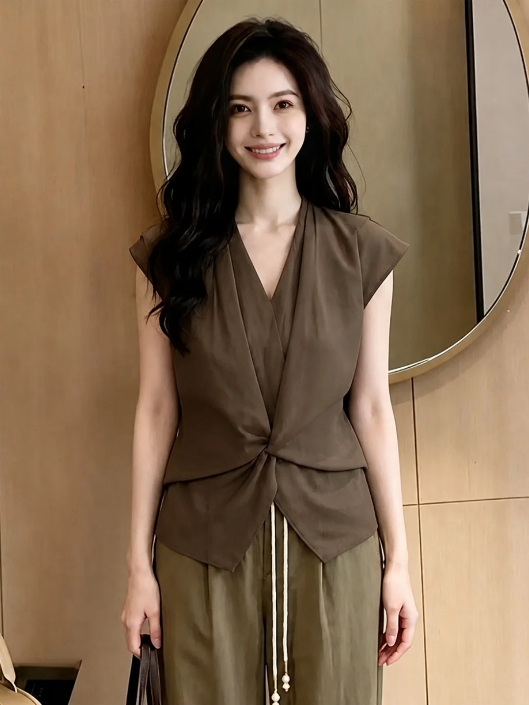 

Retro Fashion V-Neck Women's Top Slimming Color Versatile Summer 2026 Pure Silk Commute Style Short Sleeve Korean Version
