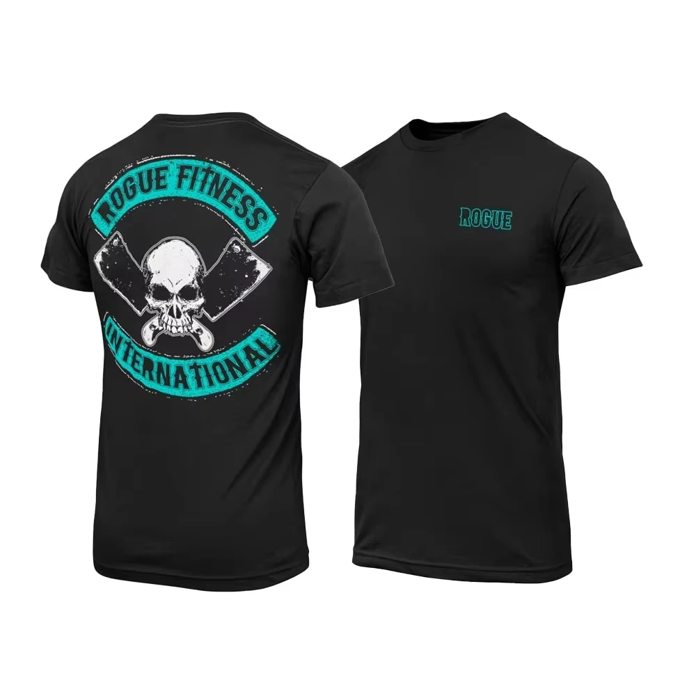 

Men's Black T-Shirt Rogue Fitness International Skull with Two Cleavers Print Graphic Street Style Short Sleeve Casual Top