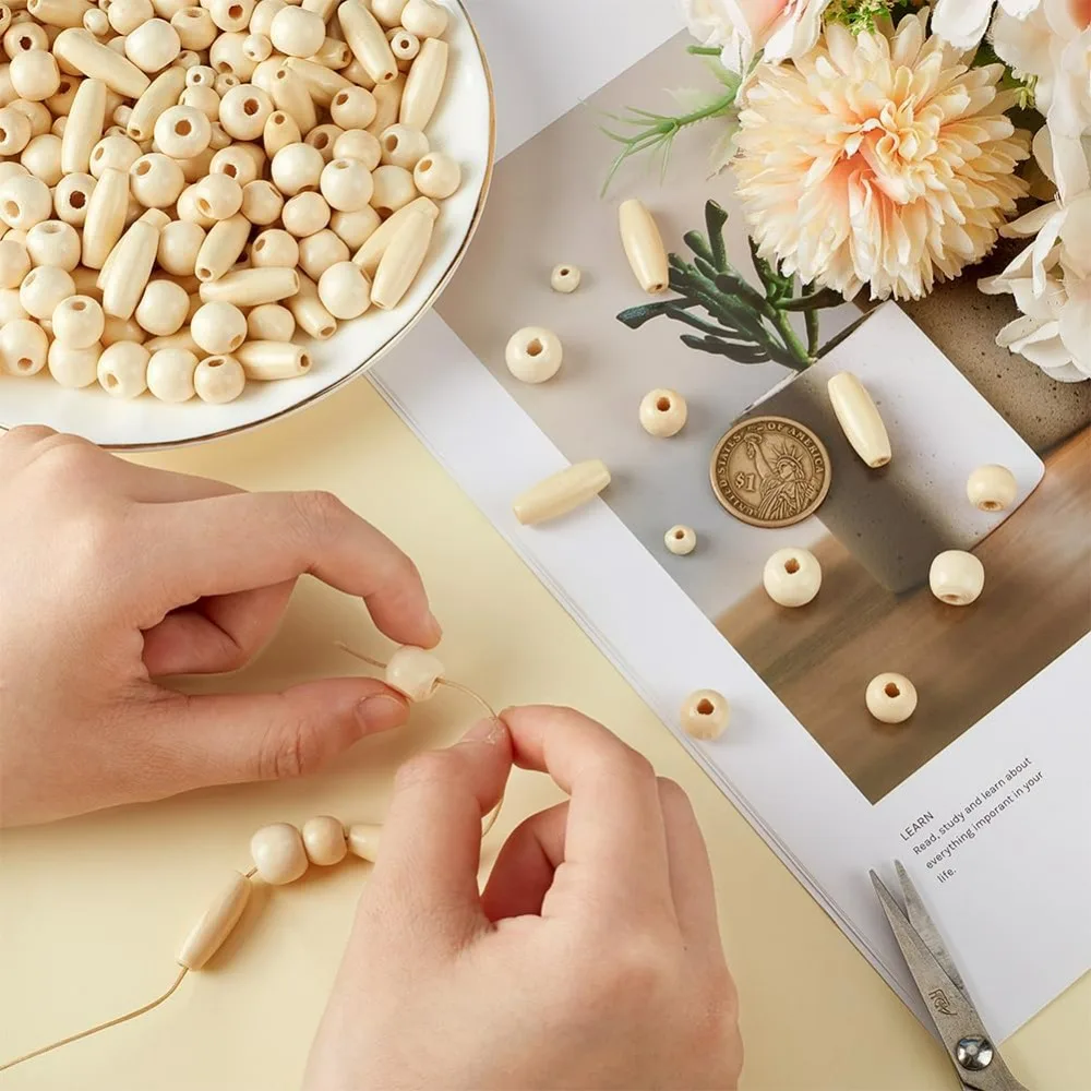 480개 4가지 스타일 나무 구슬 목공예 구슬 6~23mm 쌀알 모양 원형 나무 스페이서 구슬 마크라메 헤어 공예용
