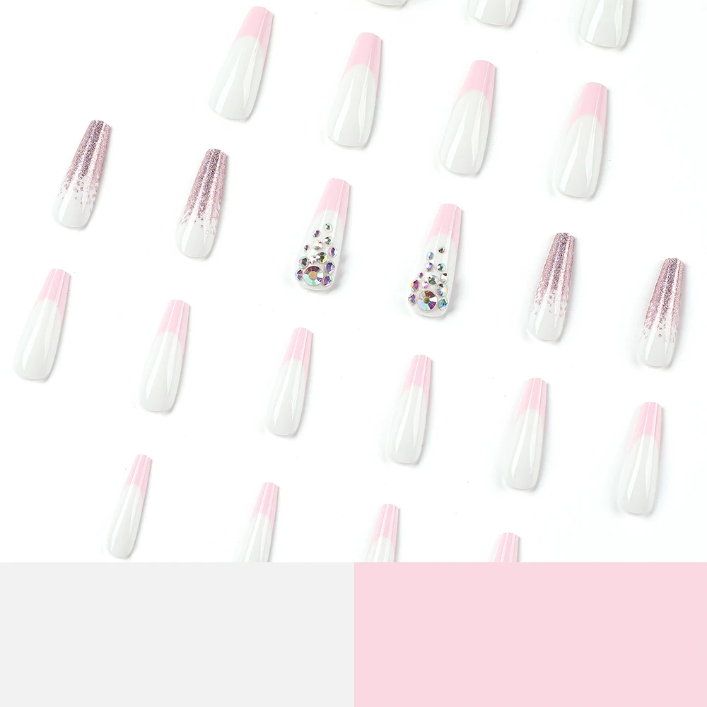 JP3249 QTCJ 24Pcs Pink French with pink-purple glitter and serpentine rhinestones to wear the finished manicure